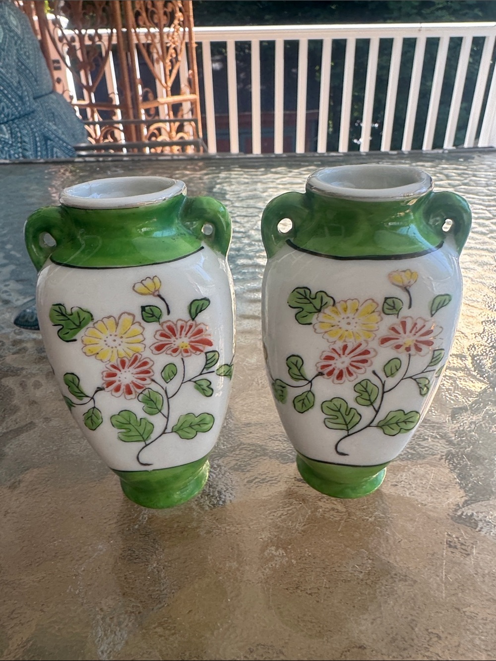 Green and White Floral Ceramic Vases by
